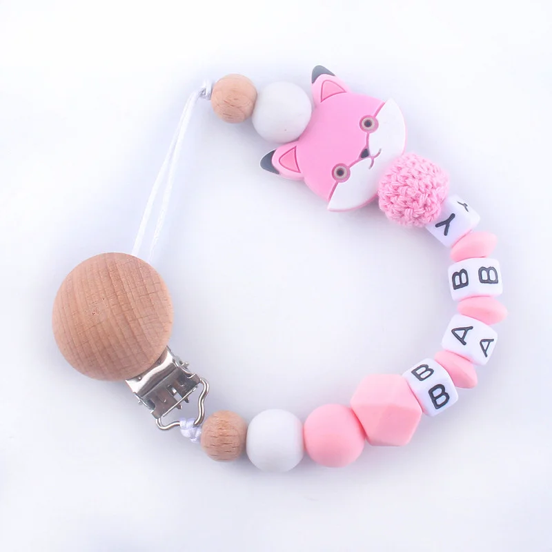 

Baby Cat Cartoon Pattern Pacifier Chain New Beech Wood Beads Chew Silicone Pacifier Clip Cute Anti-drop Holder Soother Chains