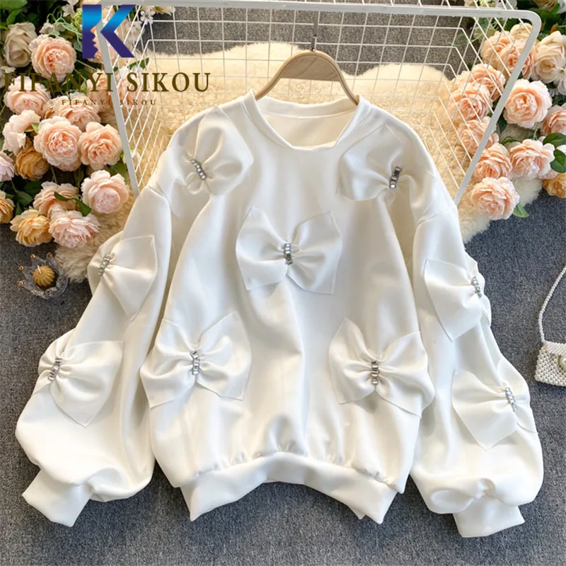

2021 New Spring Women Sweatshirt Bow Beading O-Neck Hoodies Fashion Puff Sleeve Loose Pullovers Female Casual White Sweatshirts