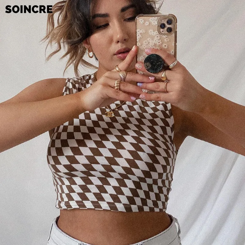 

SOINCRE 2021 Summer New Women's Water Ripple Printing Contrast Color Exposed Umbilical Sexy Slim Vest Trendy Personality Top