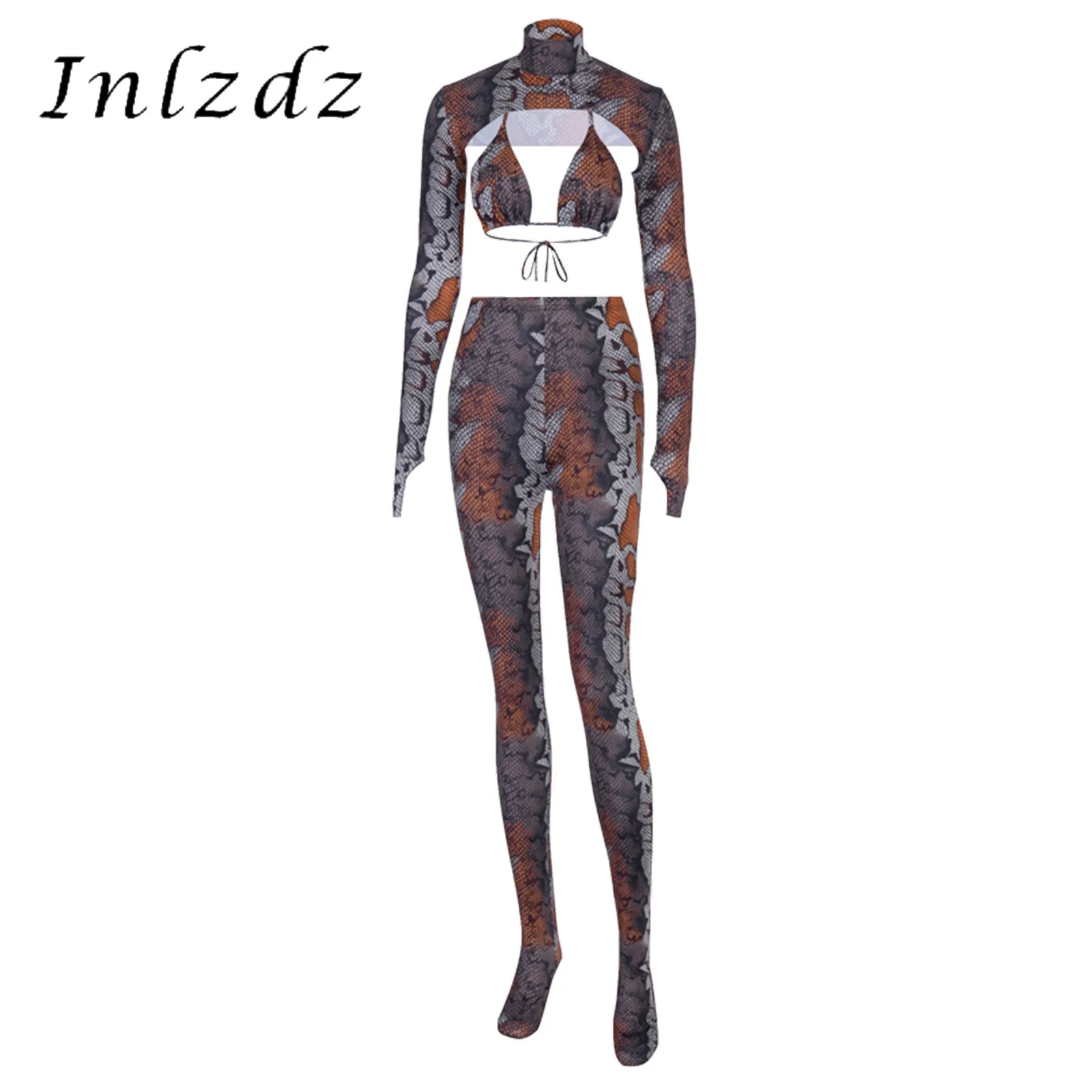 

Womens Rave Costume Snakeskin Printed Three-piece Suit High Neck Long Sleeve Crop Top with Lace-up Bra Pantyhose Leggings