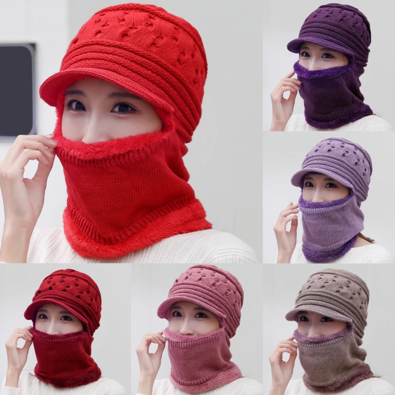 

Ladies Winter Warm Rope Needle Plush Lining Warm Windproof Full Cover Drawstring Earmuffs Hooded Scarf