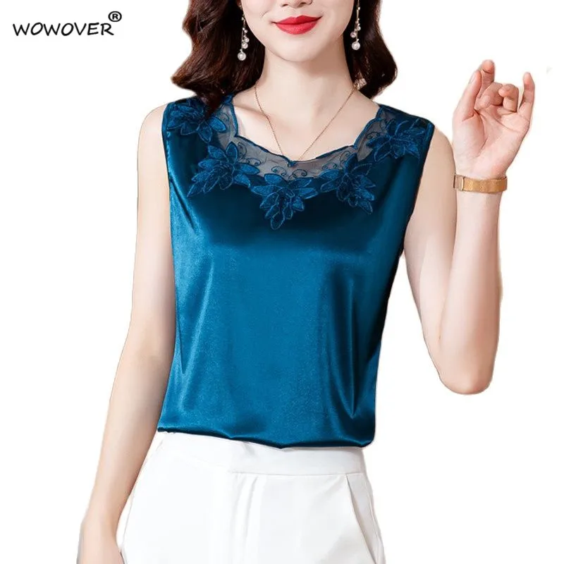 

Women Ladies Summer Casual Solid Flower Embroidery Satin Tank Tops Sleeveless Loose Vest Elegant Plus Size Shirt Blouse S-5XL