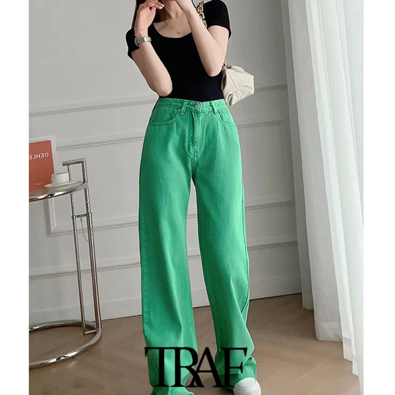 

Women Jeans Fashion Wide Leg Pants Ladies Five Pockets Coloured Vintage High Waist JeansZipper Fly Female Denim Trousers Mujer