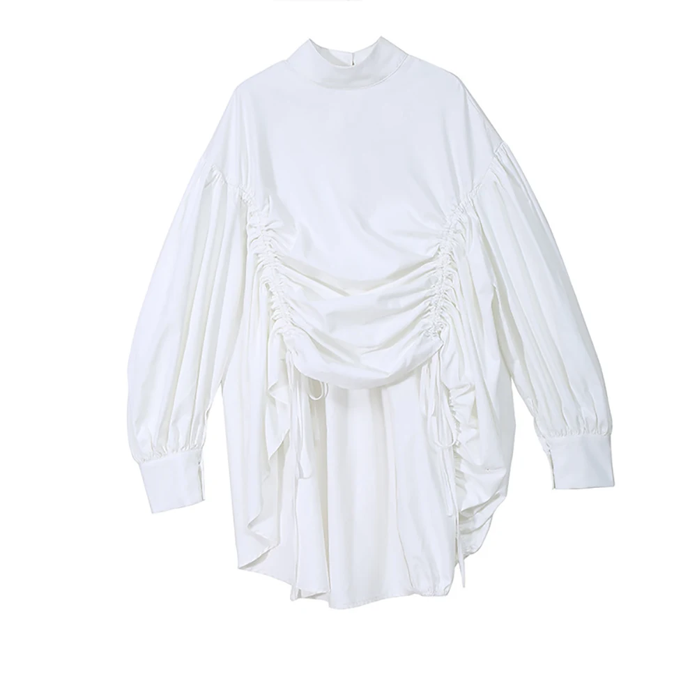 

YUANYUANJYCO Autumn Spring Women Long Casual Polyester Blouse XFSCS31 Elegant Turtleneck Puff Sleeve Folds Lace Up Shirts