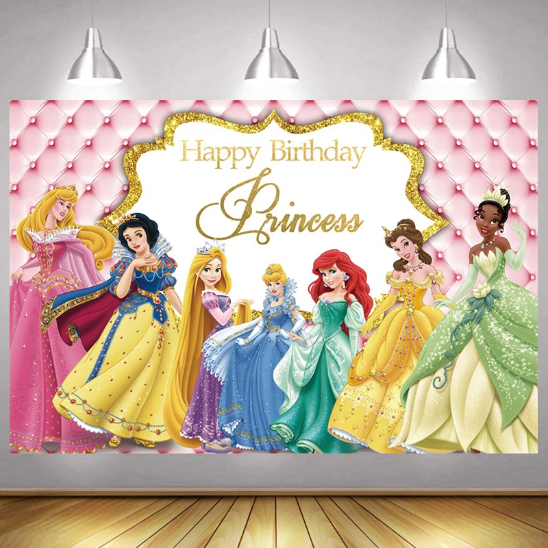

Girls Happy Birthday Backdrop Princess Beauty Kids Baby Shower Photo Background Rapunzel Banner Ariel Party Decor Studio Cartoon
