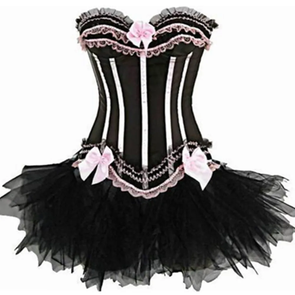 Для женщин Бурлеск сексуальное женское белье кружевной корсет топ + стринги юбка