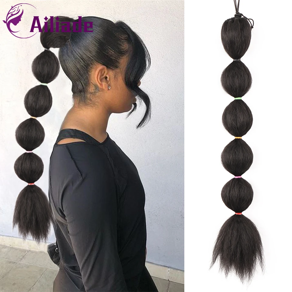 

AILIADE Synthetic Straight Hair Bubble Ponytail 24Inches Woman Female Black Afro Puff Ribbon Pony tail Hair Extensions