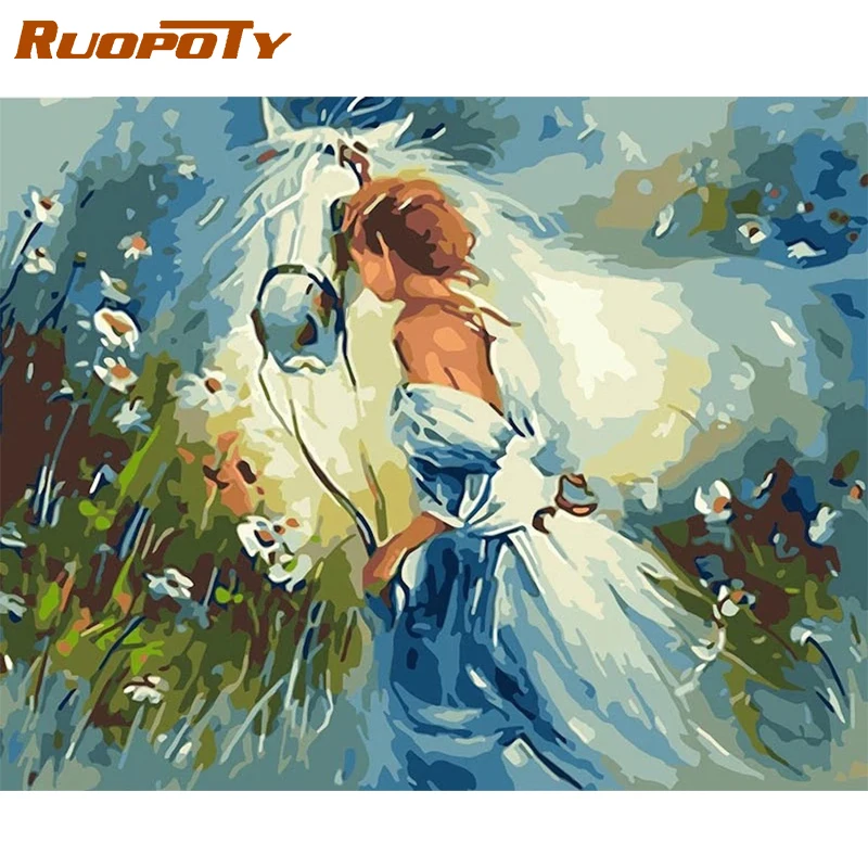 

RUOPOTY Frame Diy Painting By Numbers Kits Girls And Horse Animals Wall Art Picture By Numbers For Home Decors Artwork 60x75cm