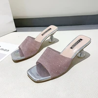 sandals womens summer fashion square sequined high heels with thick transparent crystal open toed sandals wear slippers women