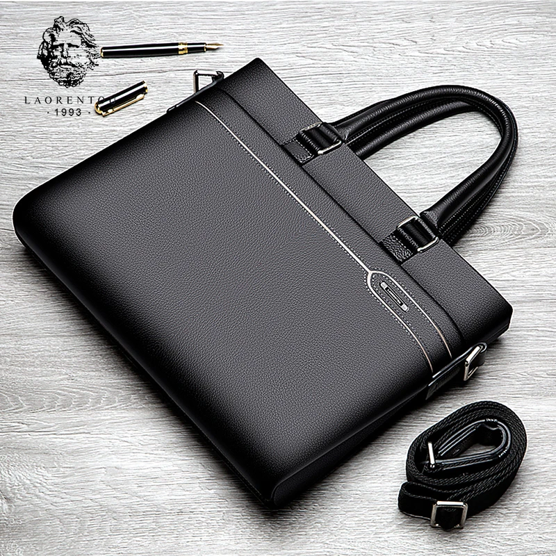 LAORENTOU Men Genuine Leather Briefcase Business High Capacity Laptop Bag Handbag Stylish Simple For Male Crossbody Shoulder Bag