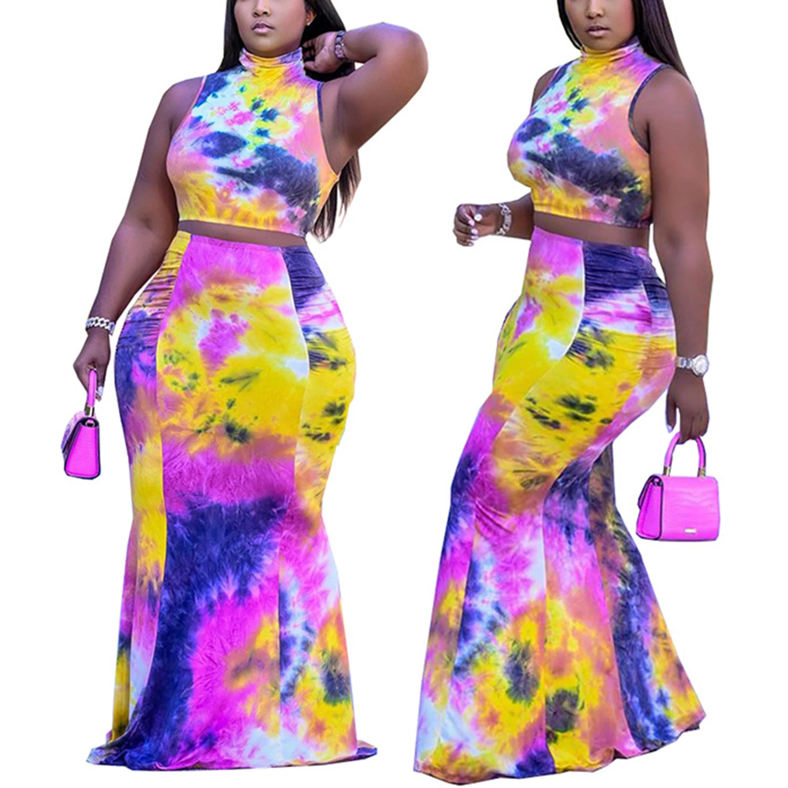 

Womens Tie Dyed Skirt Suit Fashion Summer Two Pieces High Collar Sleeveeless Crop Tops+Tight Long Skirts Club Party Plus Wear