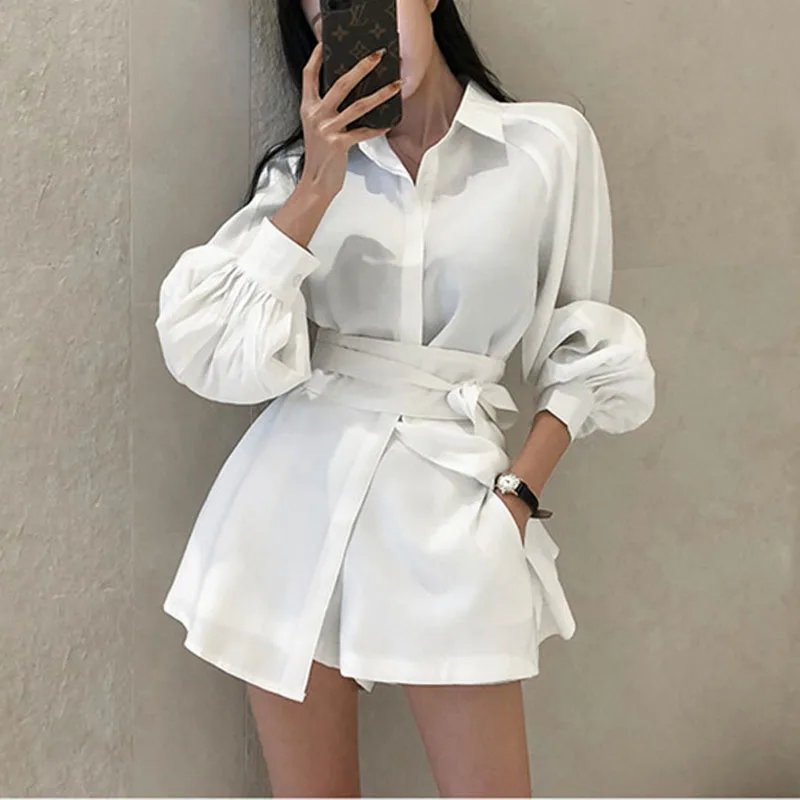 Повседневные комплекты с шортами для женщин на шнуровке буфами рукавах костюм из