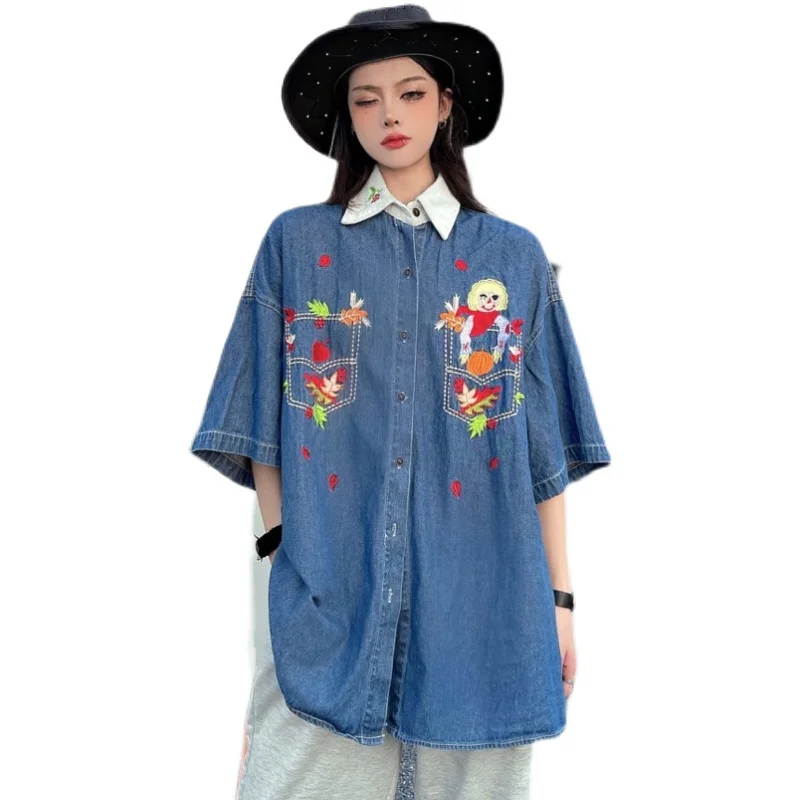 

Summer New Style Female Casual Loose Embroidered Personality Oversized Blouse Fashion Short Sleeved Plus Size Denim Shirt