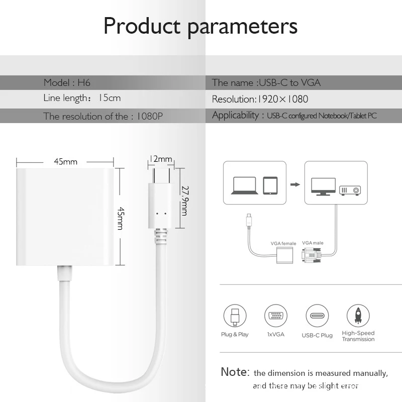 Адаптер Bkscy Type C к VGA USB 3 1 гнезду Кабель-адаптер для Macbook 12in Chromebook Pixel Lumia 950XL Galaxy S8/9 |