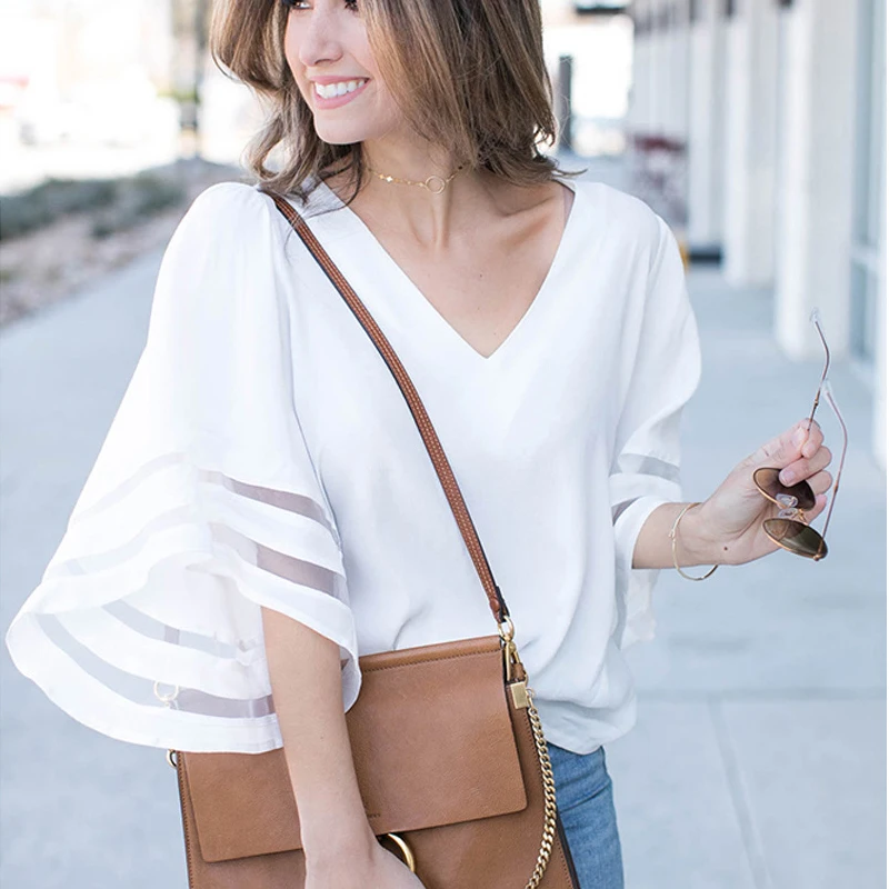 

V Neck Flared Sleeves Mesh Patchwork Shirts Summer Casual Loose Blouse Pink Streetwear Womens Tops and Blouses Plus Size 5XL