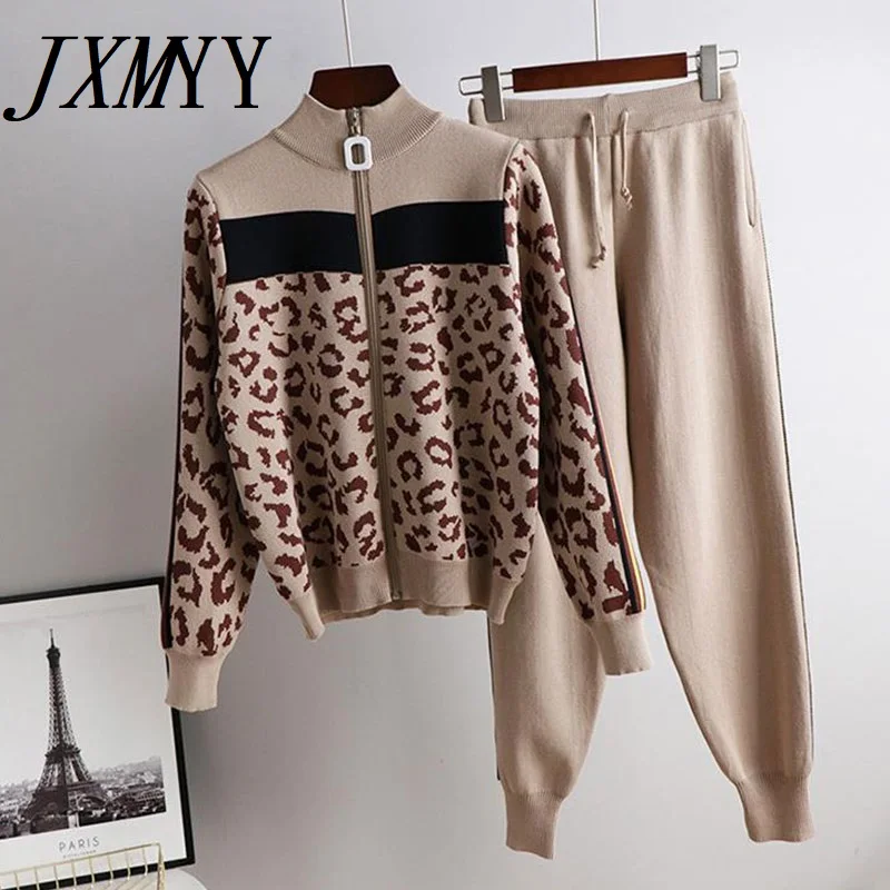 

Tracksuit Women Leopard Knit Zip Cardigan Tops+Pants Suit 2PCS Sets Long Sleeve Jacket Coat Woman Casual Sweater Trousers Suits