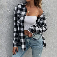 2021 new black white plaid single breasted cardigan womens lapel long sleeved casual all match shirts for female
