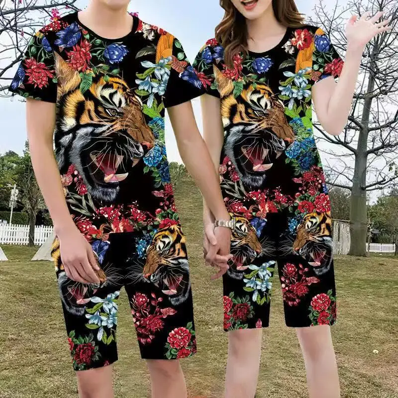 

2021 Men's Summer New 3D Flower Tiger Print Short Sleeve Suit Fashion Casual Wear Tiger Head Print Couple T-shirt Top and Pants