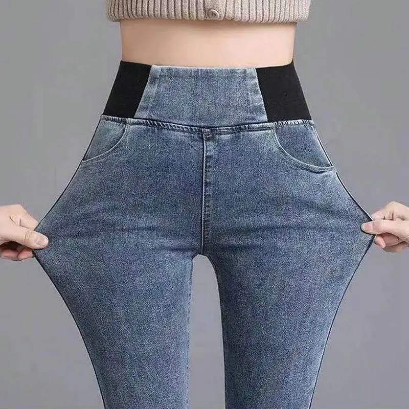 

Elastic Waist Pencil Denim Pants Stretchy Bleached Washed High Waist Woman Jeans Casual Full Length Trousers for Female
