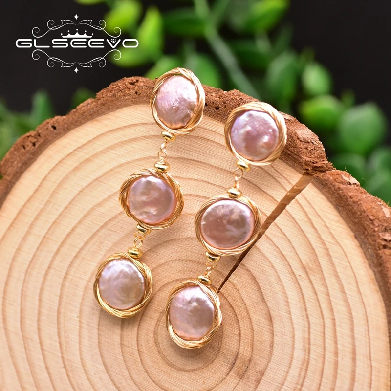 Дизайнерские серьги подвески GLSEEVO из натурального фиолетового барочного жемчуга