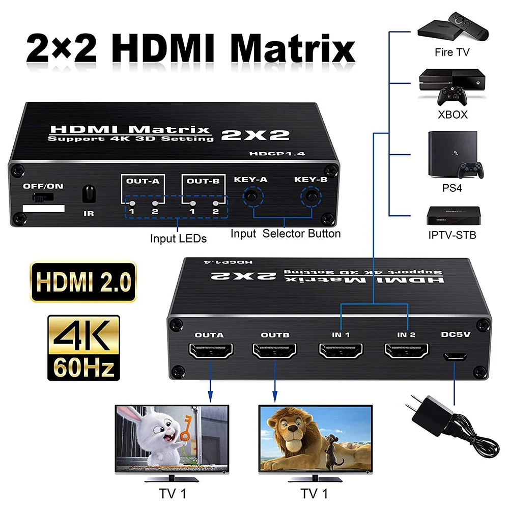 

2X2 Matrix Switcher 4K 60Hz, Support HDCP 1.4 IR Remote Control HDMI Switch 2 in 2 Out HDMI Matrix Switch(EU Plug)