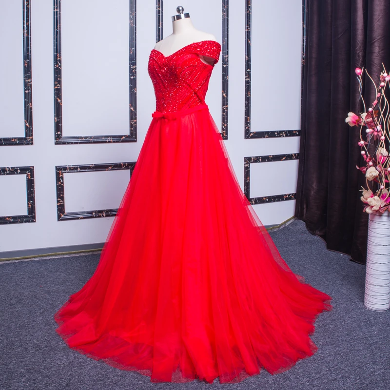 xl9542 ready to wear red prom dress v-neck off shoulder beaded long evening party dress for graduation vestido de festa longo