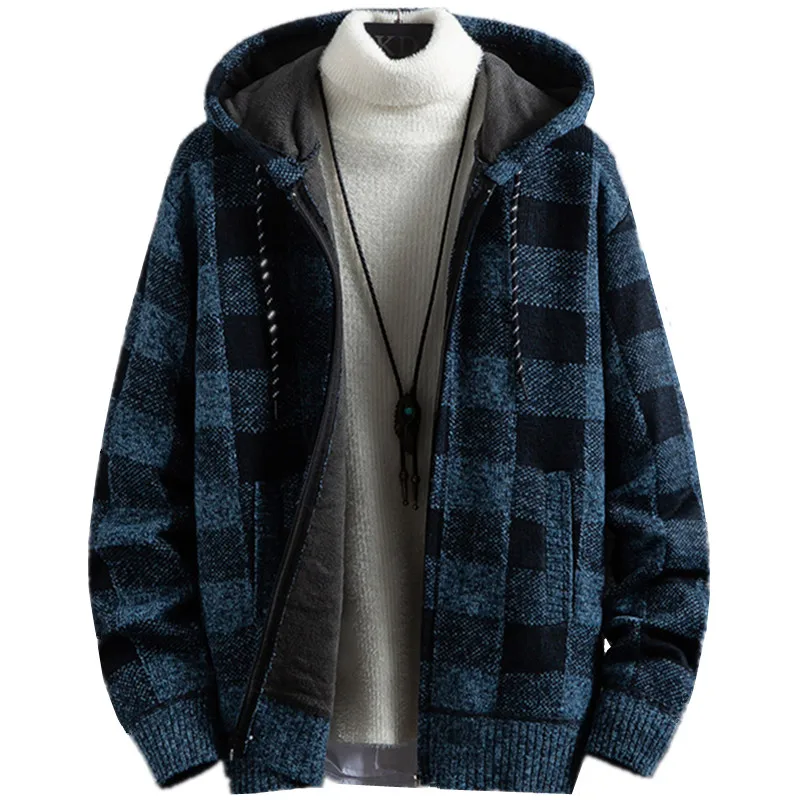 

Men's New Autumn Winter Plaid Casual Hooded Cardigan Cashmere Thickening Warm Sweater Male Zipper Add Wool Knit Jacket Coat