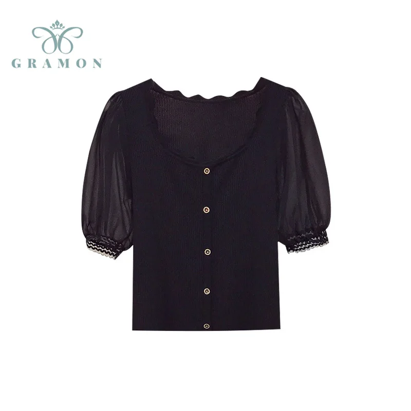 

Chiffon Blouse 2021 Summer Korean Women Tops Lace Short Sleeve Crew Neck Shirts Elegant Puff Sleeve Casual Blouses Plus Size