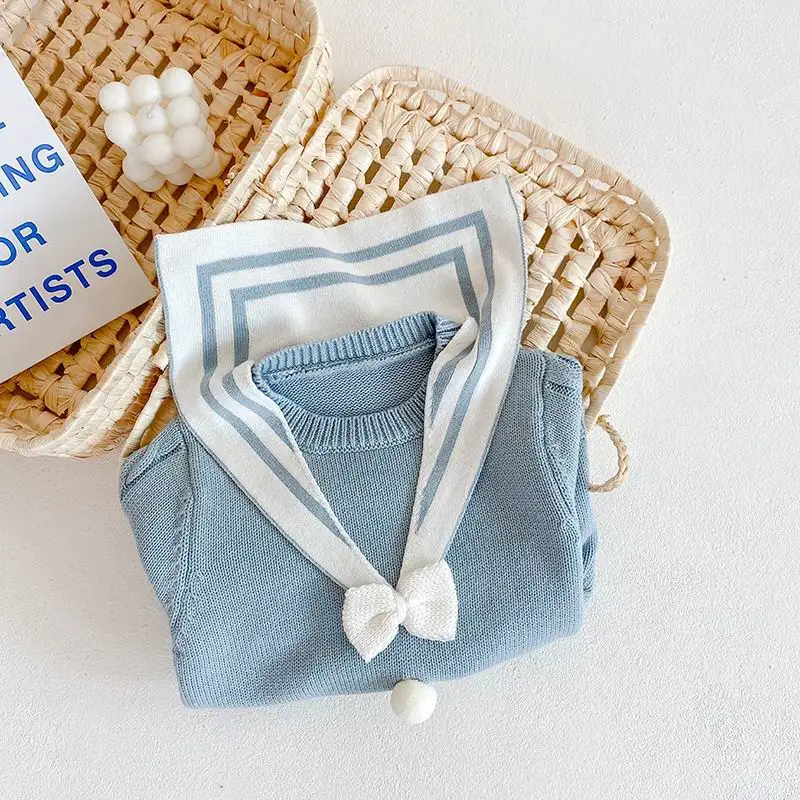 

2020 Autumn New Baby Girl Bodysuit Sailor Collar Long Sleeve Knitted Sweater Jumpsuit Newborn Clothes 0-2Y E8020