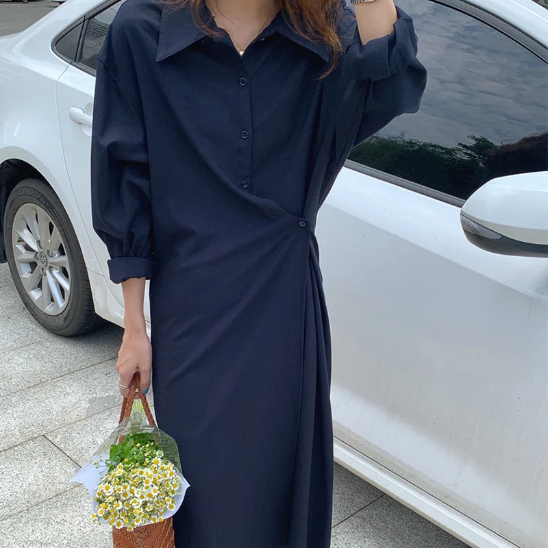 

Однотонное асимметричное длинное платье-рубашка, повседневное Стильное женское платье с закрытой талией, новинка сезона осень 2021