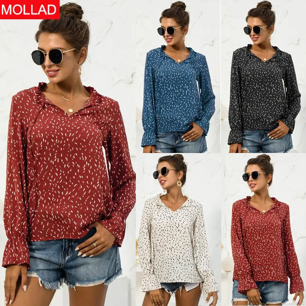 

2021 Autumn and Winter Hot-Selling Floral-Print Dots Lotus Leaf V-neck Lace-up Long Sleeve Top