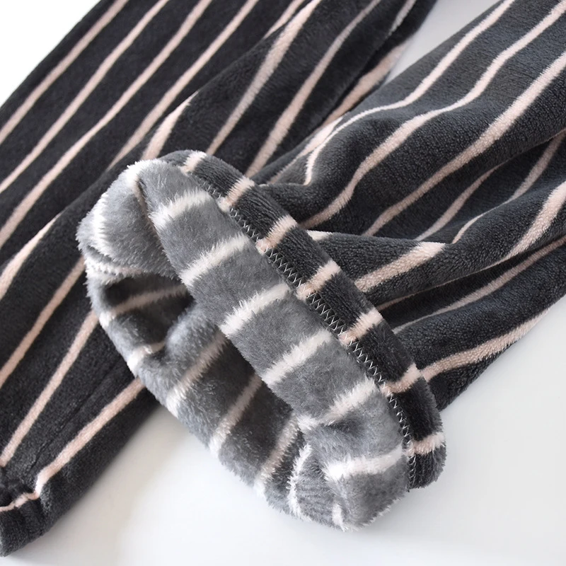 

Winter Sleepwear Women's Pajamas Fleece Warm Turn Down Collar Tops Elastic Waist Pants Plus Size Striped Home Suit Clothes Woman