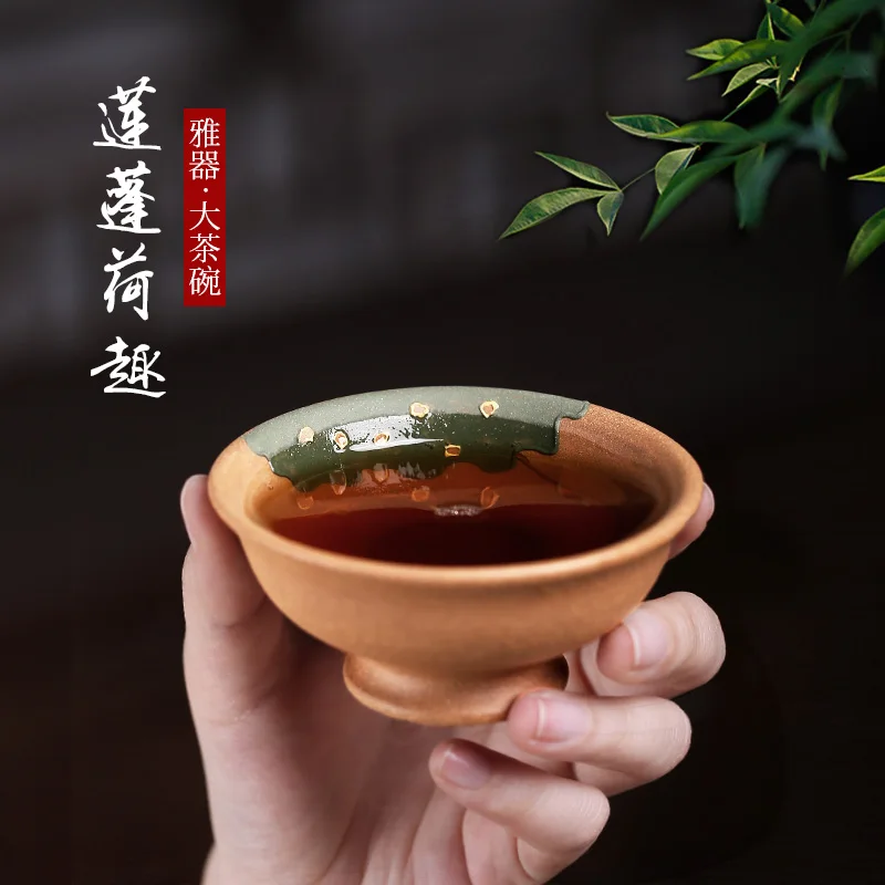 

Two 】 yixing undressed ore mud painting designs of lotus pure manual purple sand cup cup HeCu big bowl 75 cc