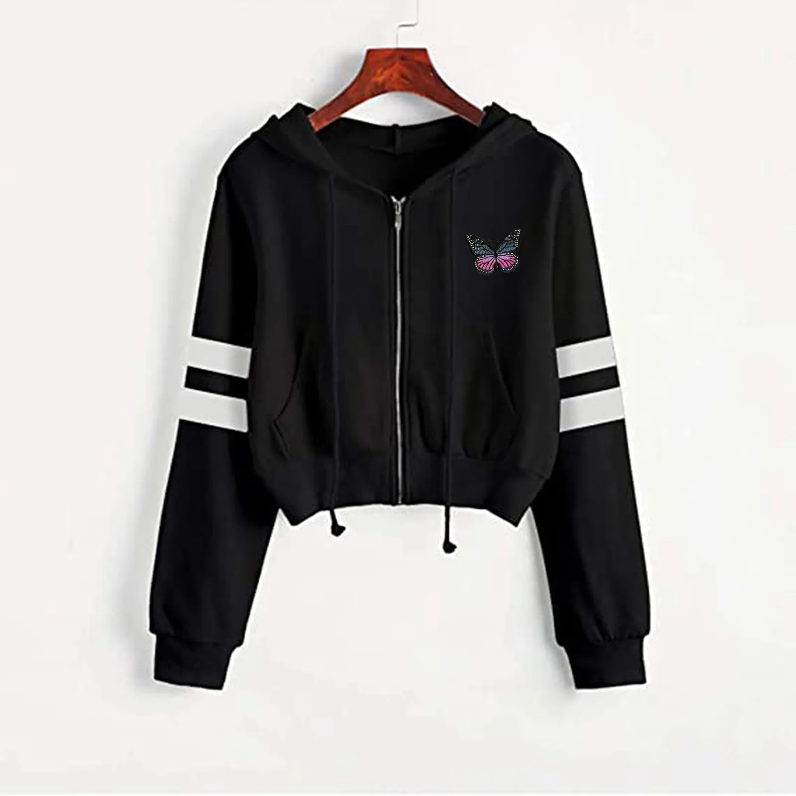 Autumn Hoodies Women's Solid Color Short Zipper Long Sleeve Hooded Sweatshirt Kawaii Hoodies Butterfly Print Clothes Hoodies