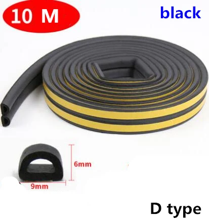 Black D Seal Strip 10 м/рулон самоклеящаяся дверная уплотнительная полоса резиновая Погодная полоса ветрозащитная Звукоизоляционная оконная уплотнительная лента аксессуары для оборудования - Цвет: Black D Seal Strip
