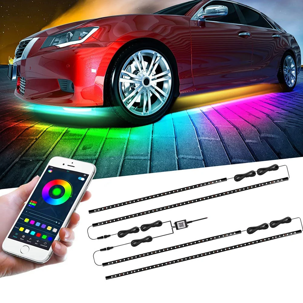 

4pcs Neon LED Strip Car Underglow Light APP Control 12V RGB Flexible LED Underbody Light Auto Decorative Ambient Atmosphere Lamp