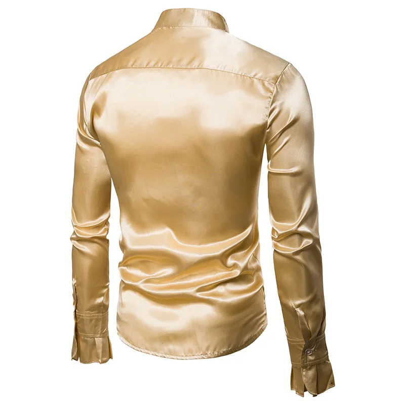 Gold Silk Satin Shirt Men 2023 Fashion Vintage Wedding Tuxedo Shirt Mens Long Sleeve Slim Fit Shirts Camisa Social Masculina XXL