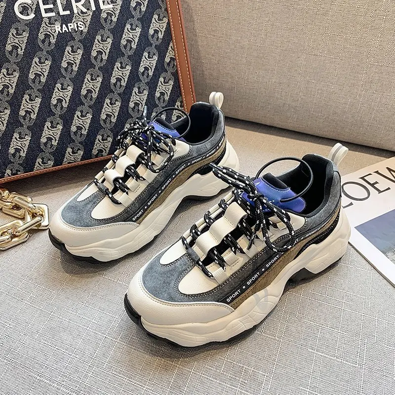 

Nice Winter Nice Tide All-match Casual Women Sneakers Mixed Colors Low Heels Lace-up Daddy Shoes