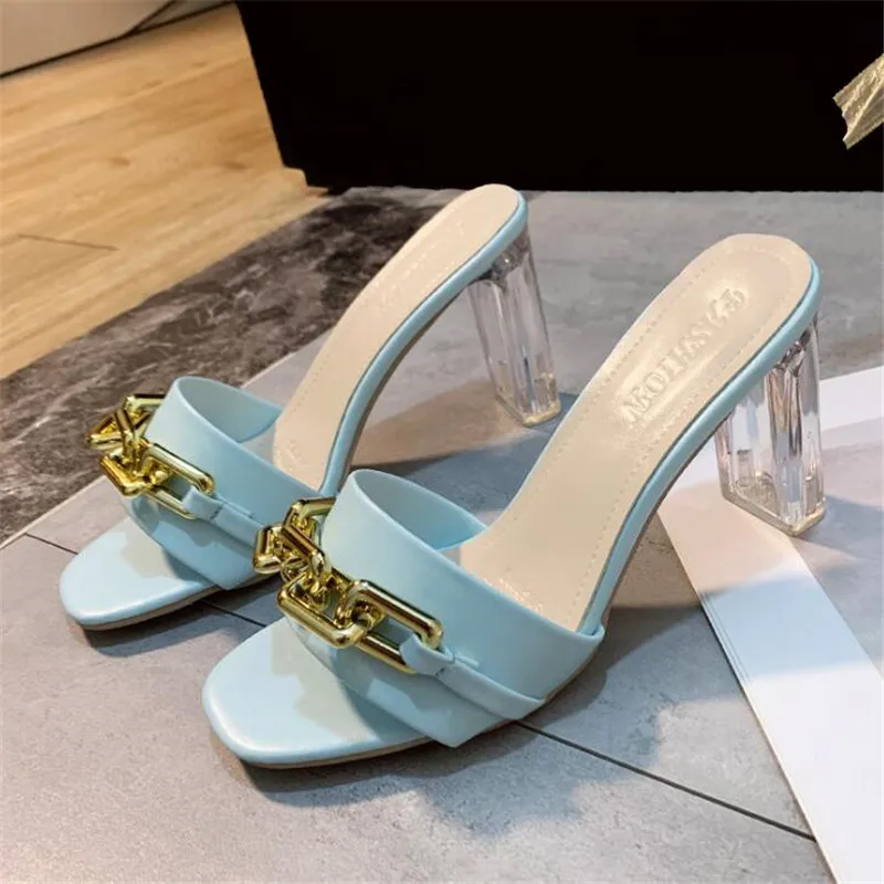 

Summer Women Square Toe Slippers Flip Flop Ladies Fashion High Heels Sandals PU Leather Women's Casual Shoe Female Footwear 2021