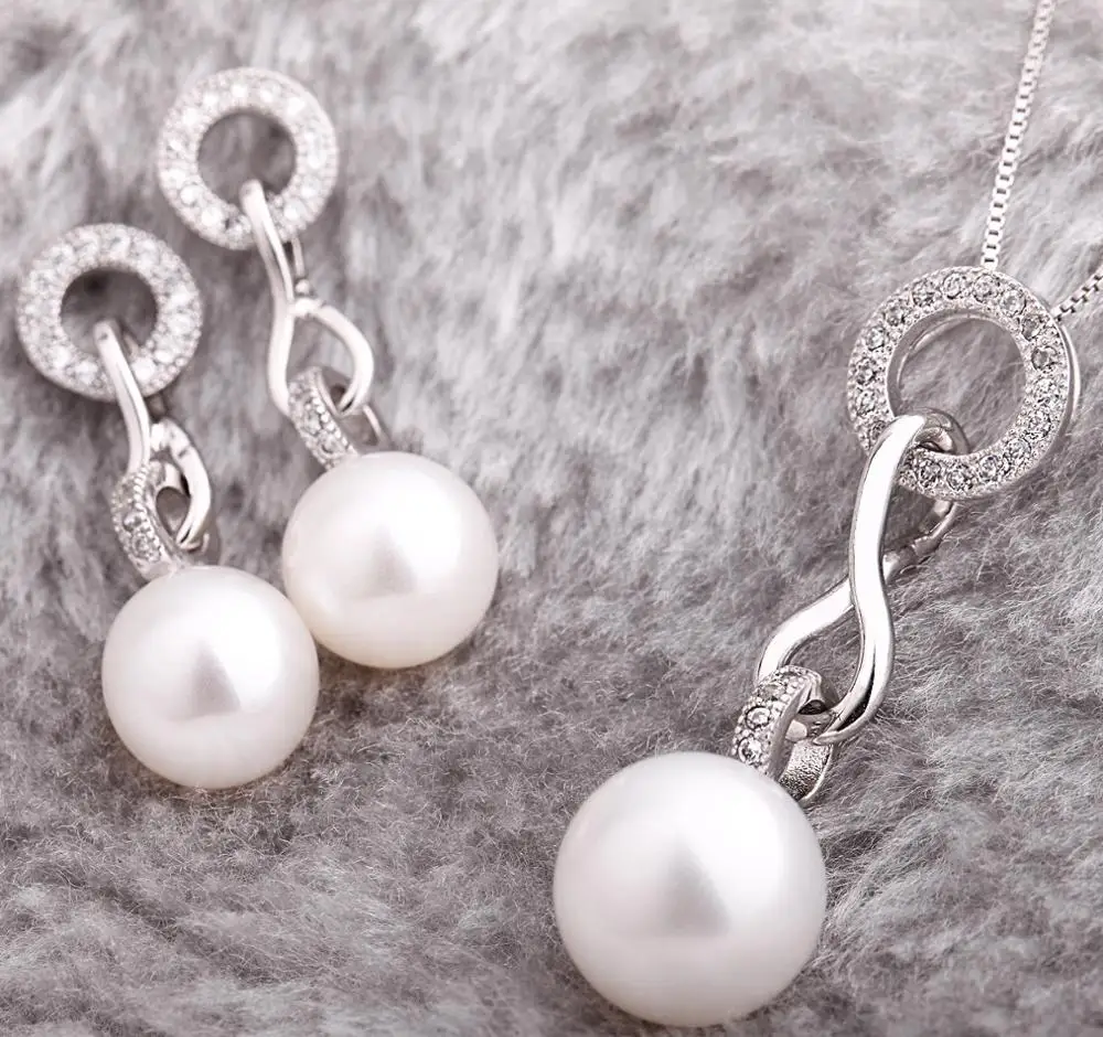 

Fashion Crystal 925 Sterling Silver Natural Pearl Necklace Earrings Jewelry Sets for Women 2019 Obizuteria Zestaw Slubny Srebro