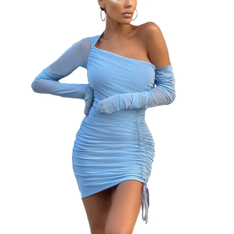 

Женское Сетчатое платье, весна-лето 2021, новое модное сексуальное прозрачное плиссированное платье без бретелек с косым плечом, JD1140