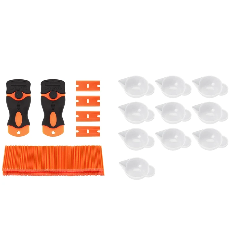 

100 Pcs Car Offroad Diy Plastic Double Edged Razor Blades & 2 Pc Scraper Removal & 10 Pcs Silicone Mold Cup Dispenser