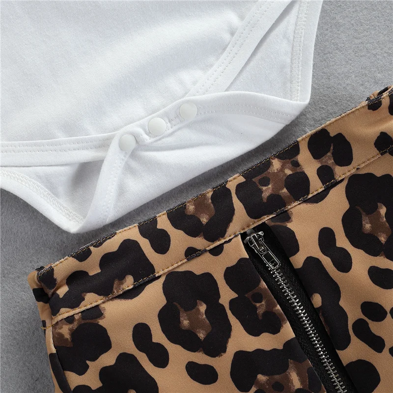 

Summer Infant Baby Girl Clothing Letter Print Short Sleeve O-Neck White Romper Leopard A-line Dress Zipper Skirt 2Pcs Suit