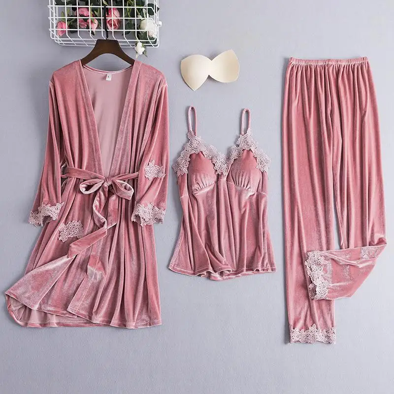 3 шт. бархатная Женская пижама, зимний теплый сексуальный костюм невесты, подружки невесты, свадебная Пижама, ночная рубашка, повседневное свободное кимоно, Халат - Цвет: Pink B