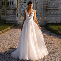 jeheth shiny glitter tulle wedding dress for women 2022 deep v neck a line sleeveless princess beach bridal gowns robe de mari%c3%a9e