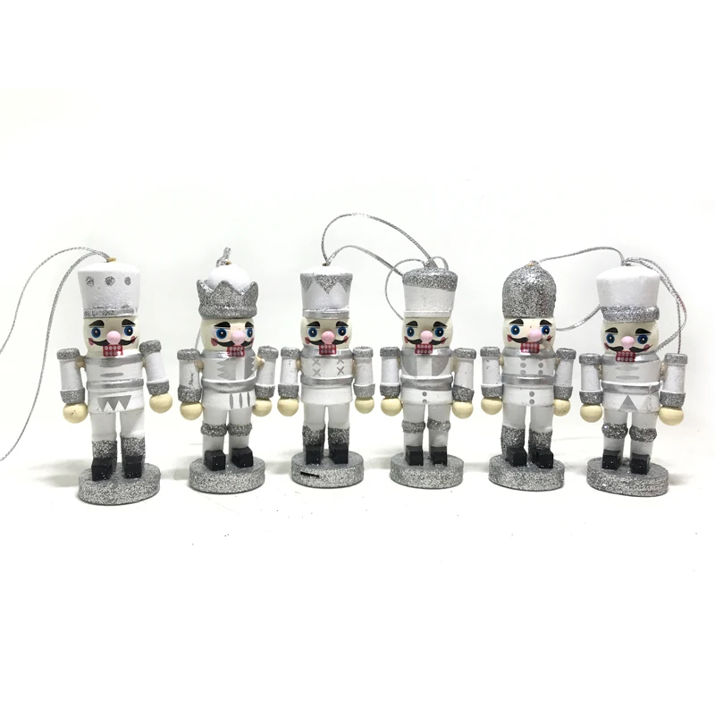 

6CM Silver Nutcracker Puppets Toy Doll Christmas Tree Pendant Soldier Wood Puppets for Children Christmas Gift 6pcs/Set ht178