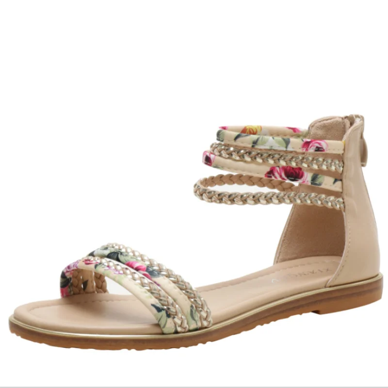 

2021 Summer Flat-heel Ethnic Style Bohemian Roman Style Flat Back Zipper Rhinestones with Skirt Female Sandals ZQ0298