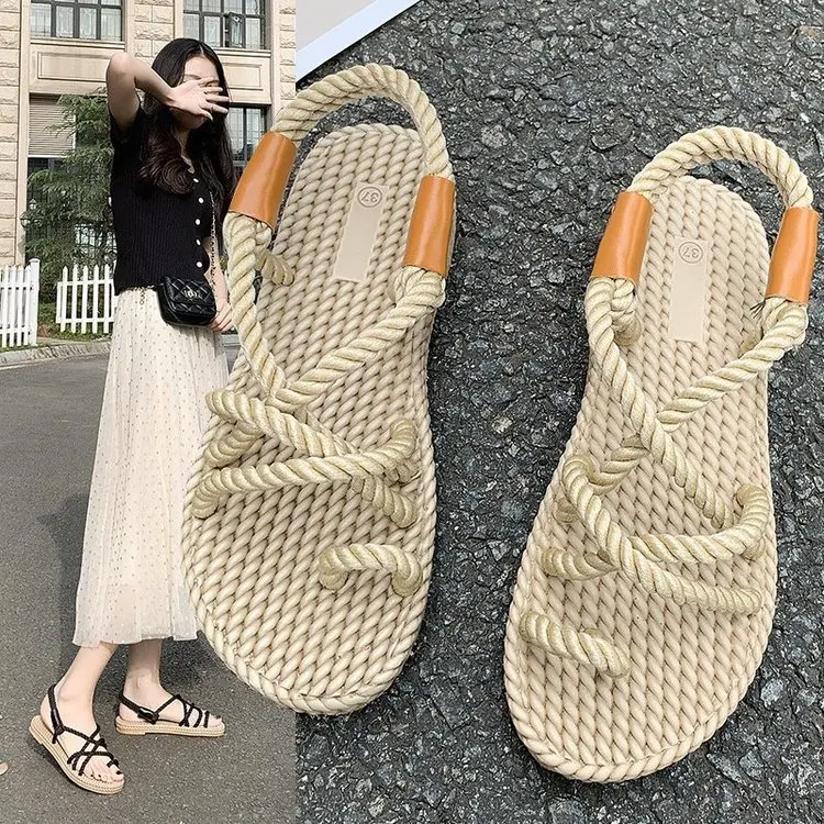 

Women Sandals 2021 Summer New Style Woven Hemp Rope ROMAN SANDALS Foot Clip Toe Flat Women Shoes Women Beach Sandals