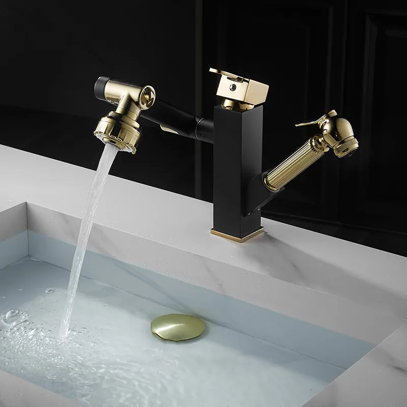 

Bathroom Basin Faucets Brass Sink Mixer Vessel Crane Tap Hot & Cold Deck Mounted Single Handle Rotate Pull Out Type Black Gold