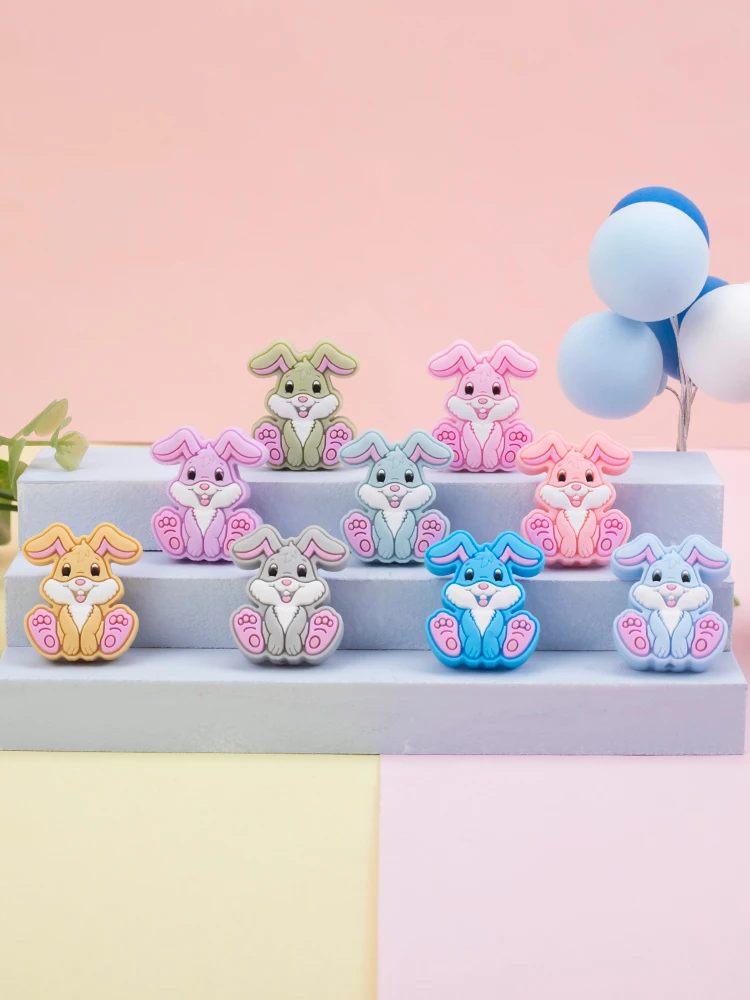 

Sunrony 10Pcs Mini Rabbit Silicone Beads Baby Teeth Care Teether Nipple Chain Teething Ring Chew Animal Toy Food Grade BPA Free